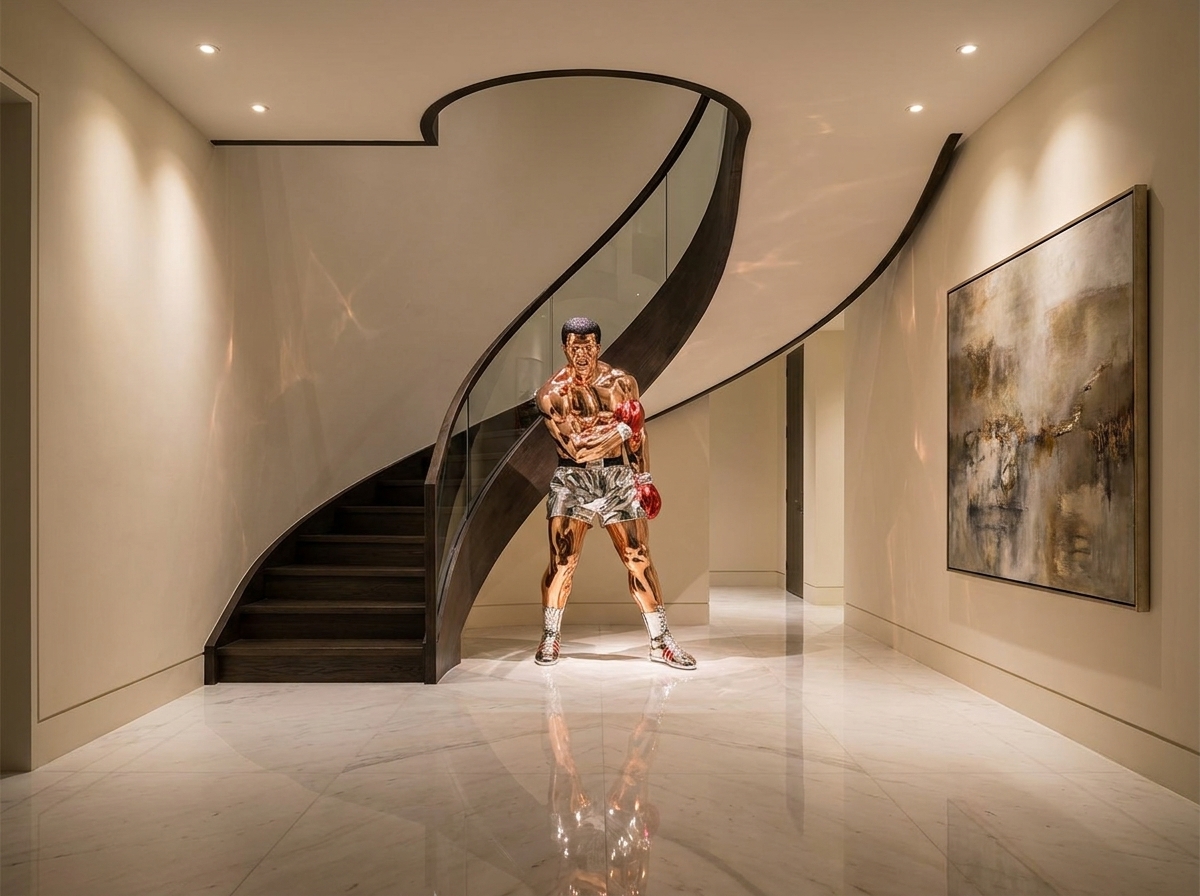 The Champion — Rose Gold Chrome Edition, a 198cm life size electroplated sculpture displayed in a luxury interior